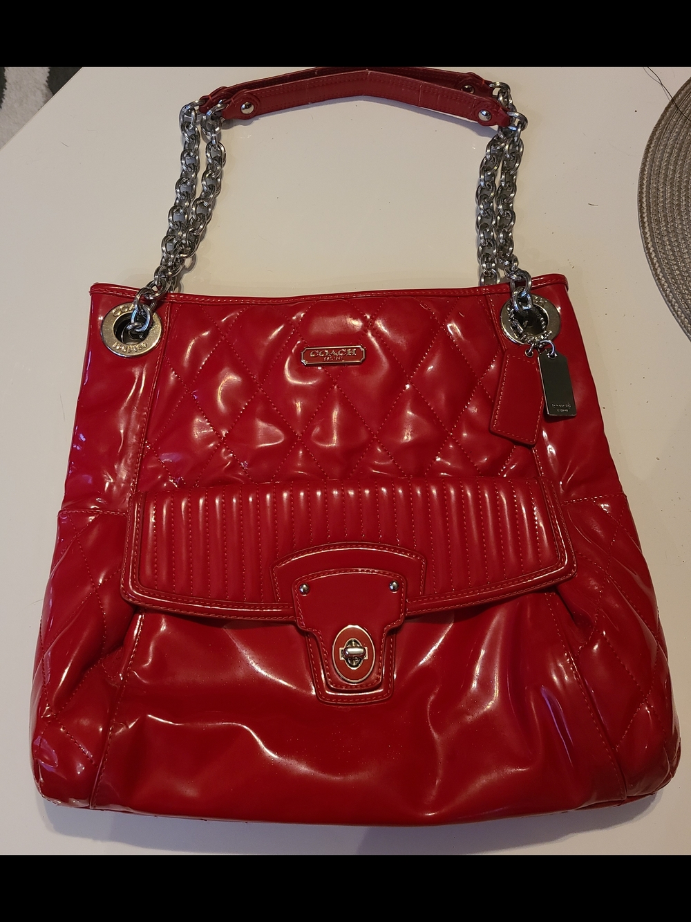 Coach Poppy Quilted Patent Leather Shoulder Bag in Red with Chain Strap
